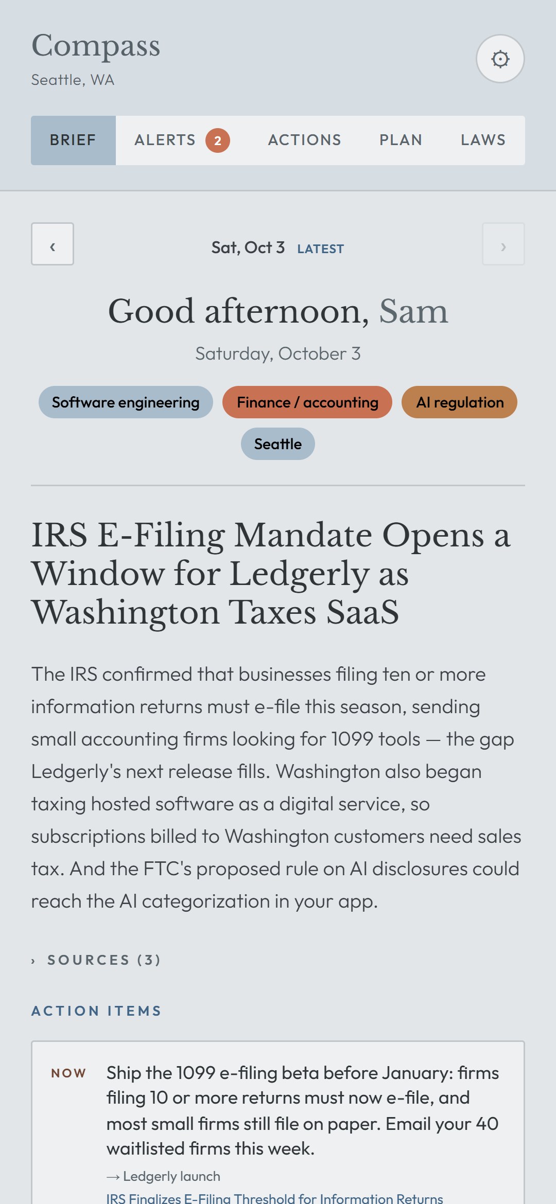 The Brief tab: a headline about an IRS e-filing rule, a summary written for the user's business, and a NOW action with its source.