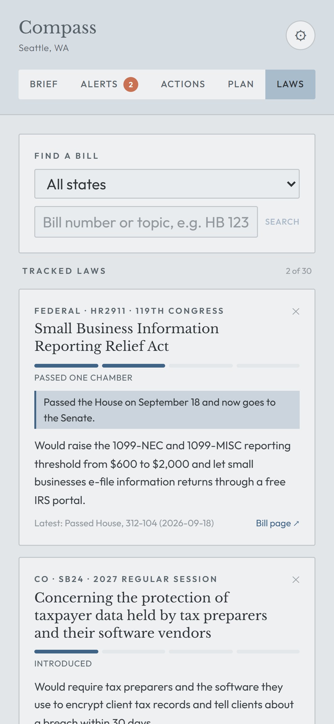 The Laws tab: tracked bills with their status and a plain-language summary.