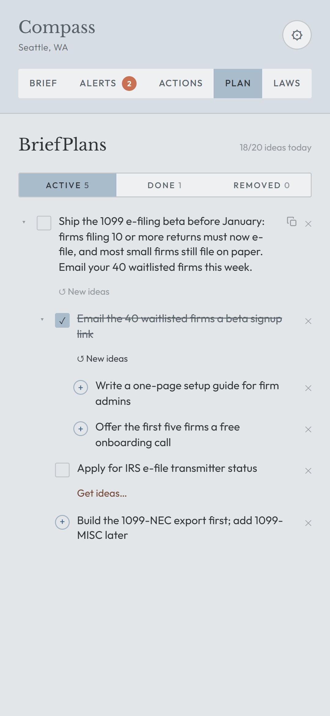 The BriefPlans board: an action turned into a plan with completed and suggested next steps.